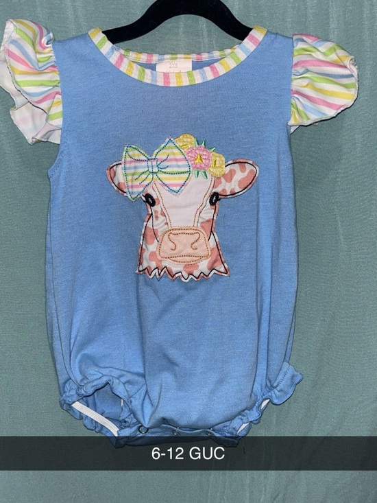 Other - Blue Baby Romper with Cow Applique & Rainbow Trim
